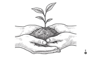 A imagem é um desenho. Dois pares de mãos unidos seguram um pequeno monte de terra, de onde brota uma planta.